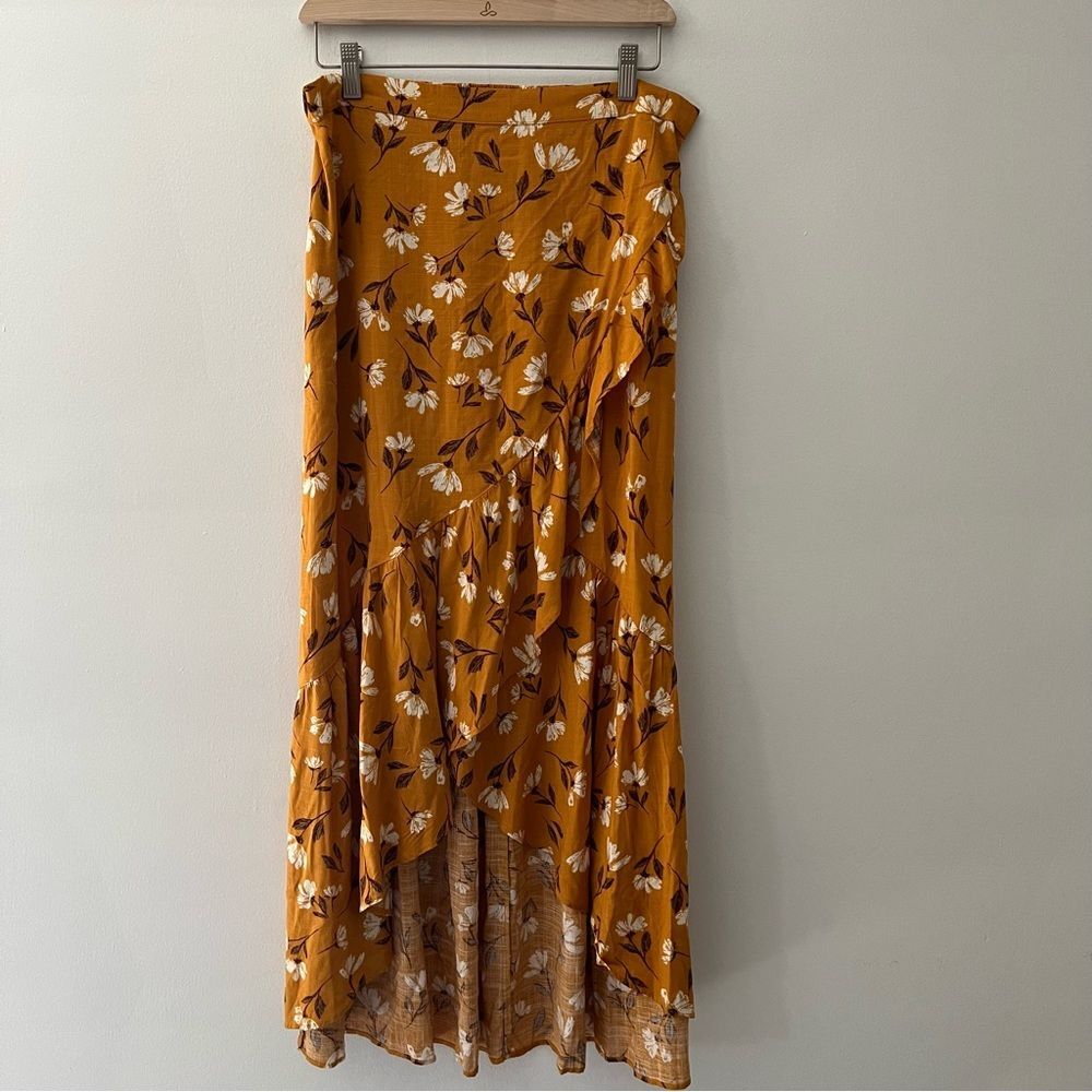 Tiered Wrap Skirt Midi Floral Ruffle Gold Size Large Cottage Boho Gypsy Peasant